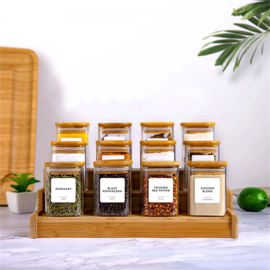 12Pcs Spice Glass Jars with Bamboo Lids and Labels